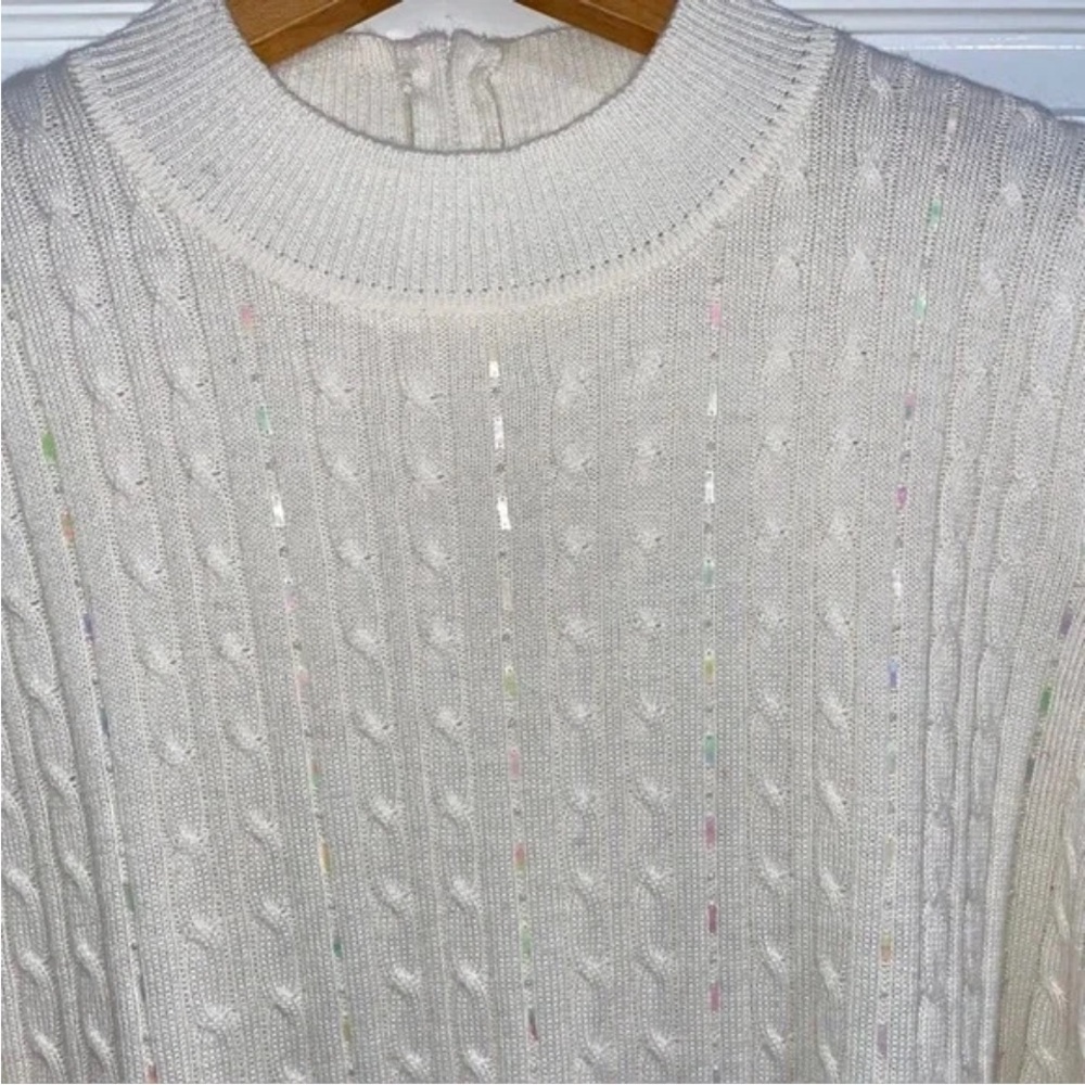 Alfred Dunner Beaded Sweater Size Large Cable Knit Beaded Sequins Ecru EUC